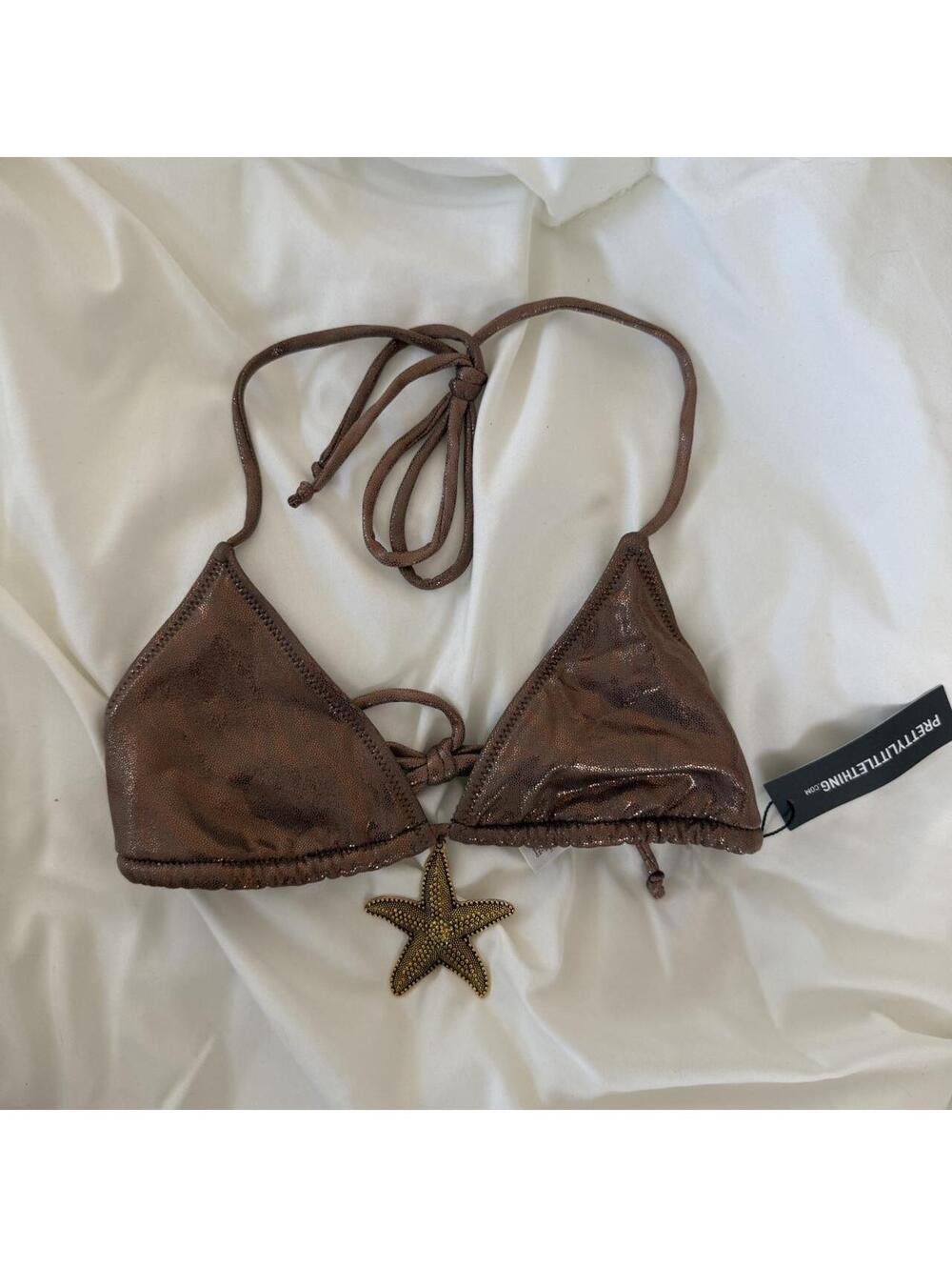 Pretty little thing brown shimmer starfish pendant tie bikini top NWT